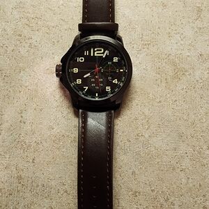 Men's Black and Brown Watch with Red Accents
